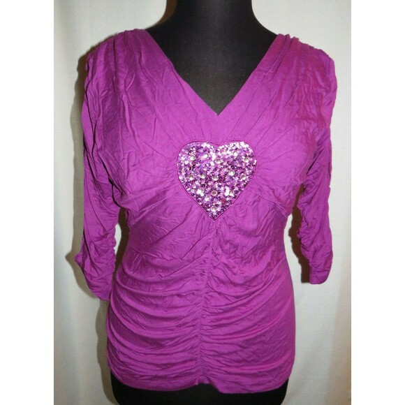 Marc Bouwer Women's Magenta Sequined Heart Ruched Fitted Top Size XL - Picture 1 of 8